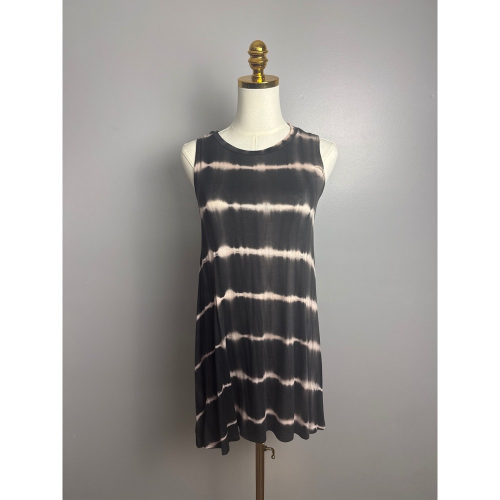 Sleeveless Swing Dress Black Tie Dye Stripe Rayon Stretch Flowy Casual Women M
